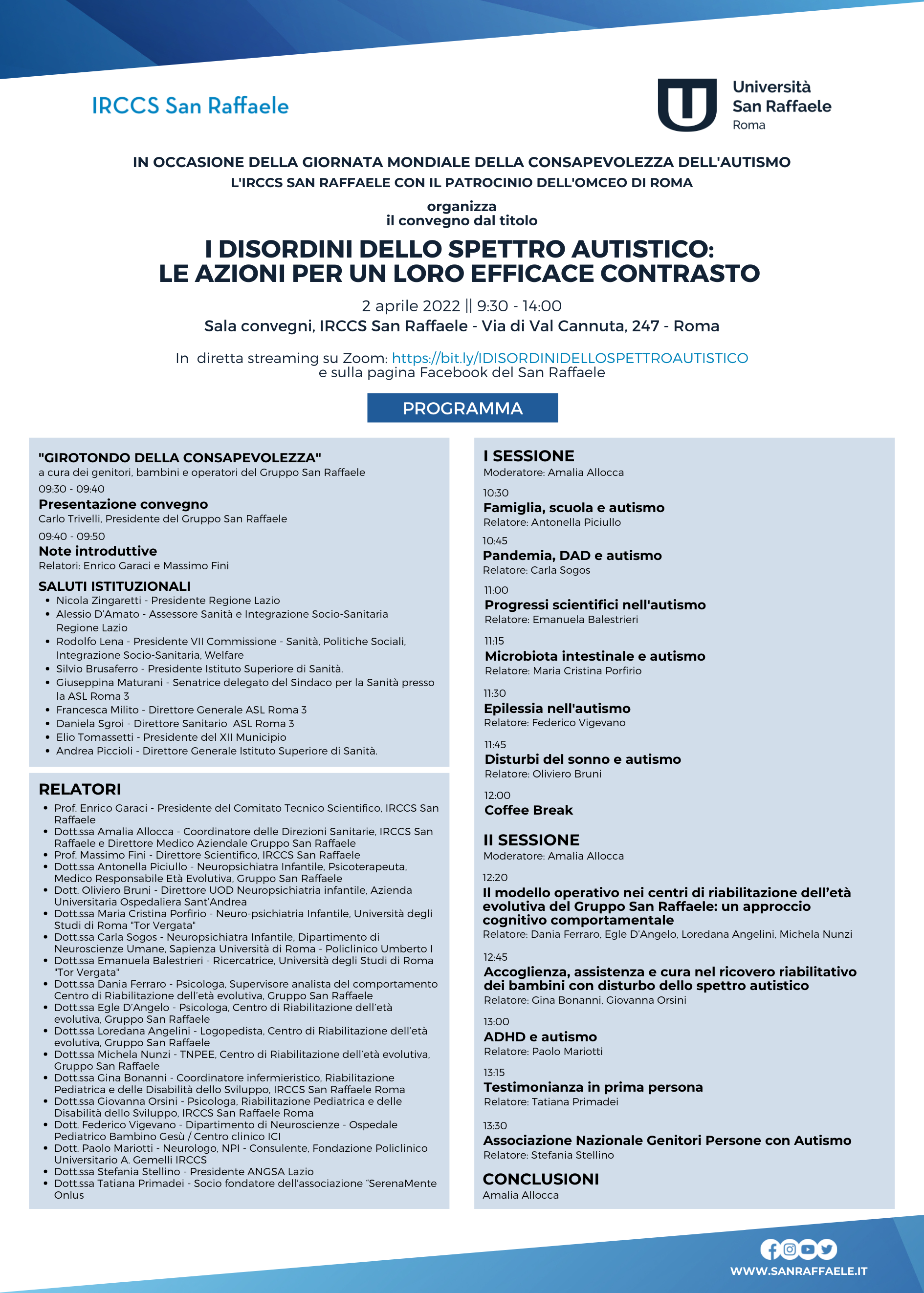 Programma evento I DISORDINI DELLO SPETTRO AUTISTICO - 2 aprile 2022 - Sala Convegni IRCCS San Raffaele